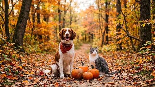 Heartwarming thanksgiving scene dog and cat with pumpkins in autumn forest