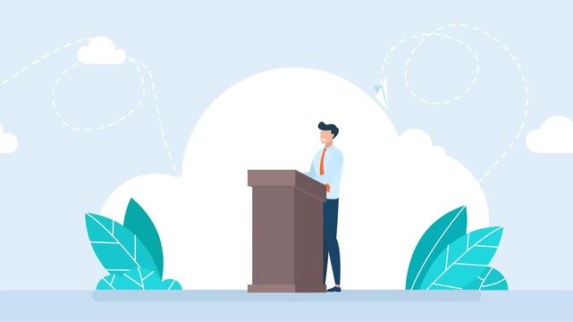 Business man speaker giving speech at tribune podium. Public speaking presentation concept, corporate lecture conference, politician report or training coaching seminar. 2d flat animation. Video