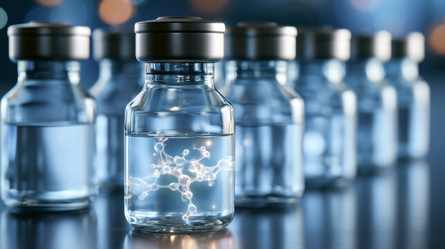 advanced peptide drug vial with glowing molecular structure in pharmaceutical laboratory