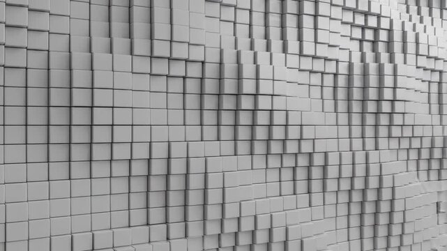 Matte white geometric cubes undulating in smooth wave pattern under soft diffused studio lighting