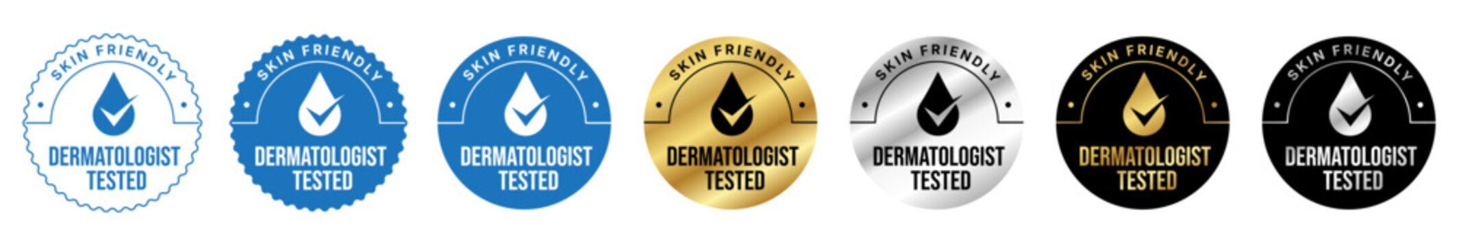 Skin Friendly Dermatologist Tested Badge Set Gold Silver Blue Black Cosmetic Certification Labels Pack