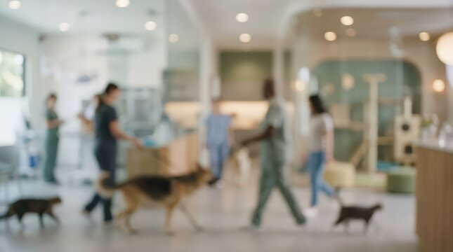 Blurred veterinary clinic interior with pets and doctors medical animal hospital lobby background vet care reception