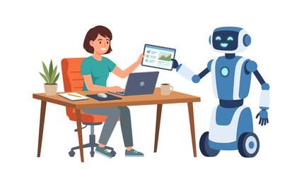Fototapeta premium Futuristic AI Robot Assistant Helping Human User with Digital Tasks and Virtual Interface Technology