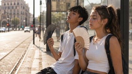 Fototapeta premium Two young people resting by a city tram stop, fanning themselves on a sunny day.