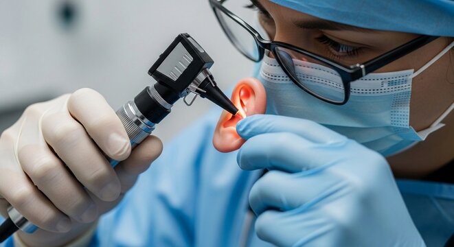 Doctor performing an ear examination with an otoscope, focusing on auditory health and diagnosis.