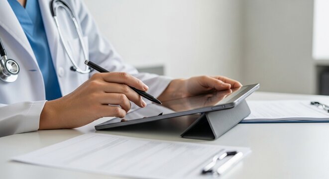 Doctor using a tablet computer for medical documentation and record keeping in a clinical setting.