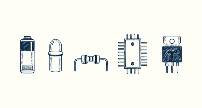 Hand drawn electronic components icons set with battery led resistor microchip and transistor sketch