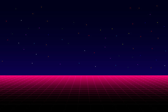 Retro cyberpunk style 80s game scene pixel art 8-bit sci-fi background. glowing neon grid and stars from vintage arcade computer games.