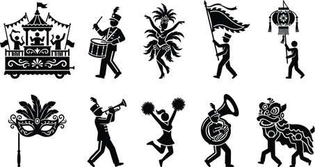 Festival and Parade Silhouettes Collection Featuring Musicians, Dancers, and Cultural Celebration Icons © Sabbir's World