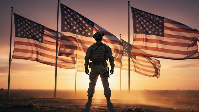 Soldier standing resolute with waving flags at sunset patriotic military scene