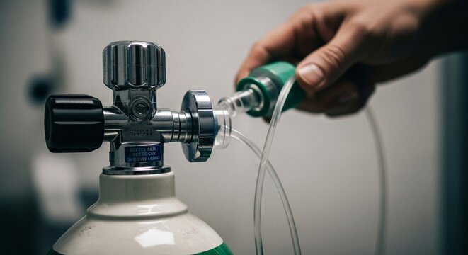 Hand connecting oxygen tubing to a medical gas tank valve, essential for patient respiratory therapy and life support.