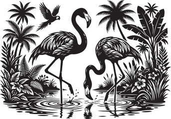 Black and white silhouette of two flamingos standing in a tropical pond, surrounded by lush palm trees, exotic foliage, and a flying parrot, creating a serene jungle landscape scene © MdAbu