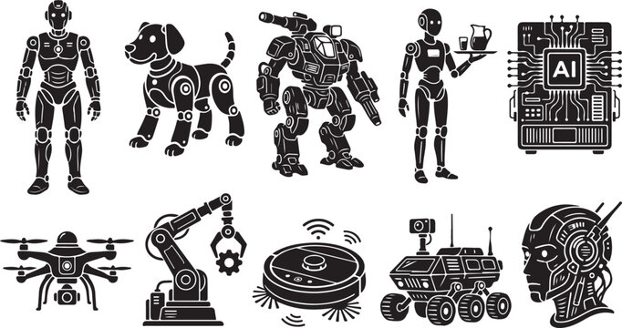 Collection of black and white robot featuring a humanoid, robotic dog, combat mech, server robot, ai circuit board, drone, industrial arm, vacuum cleaner, rover, and a cyborg head profile