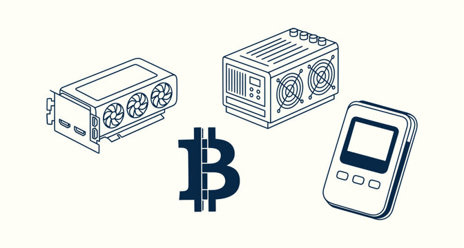 Cryptocurrency Mining Hardware Set with ASIC Miner GPU Graphics Card and Bitcoin Symbol Line Art.