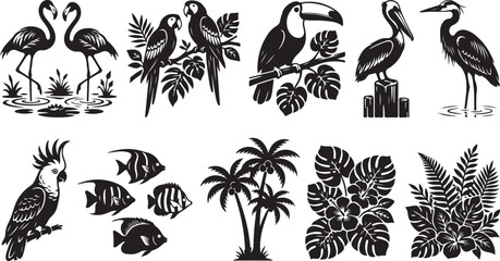 Obraz premium Set of black and white tropical featuring flamingos, parrots, a toucan, a pelican, a heron, a cockatoo, exotic fish, palm trees, hibiscus flowers, and lush monstera and fern foliage