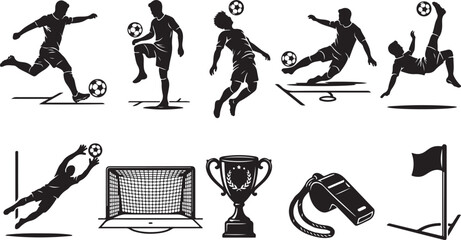 Set of black silhouettes featuring soccer players in various action poses, a goal net, a championship trophy, a referee whistle, and a corner flag on a plain white background © MdAbu