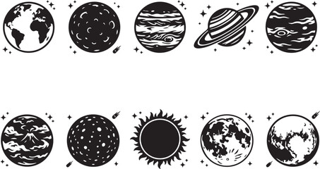 Set of ten black and white celestial featuring planets, the sun, the moon, and earth, depicted as flat silhouettes with stars and comets on a clean white background © MdAbu