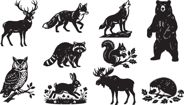 Set of black silhouette featuring north american forest animals including a deer, fox, howling wolf, standing bear, raccoon, squirrel on a branch, owl, running rabbit, moose, and a hedgehog