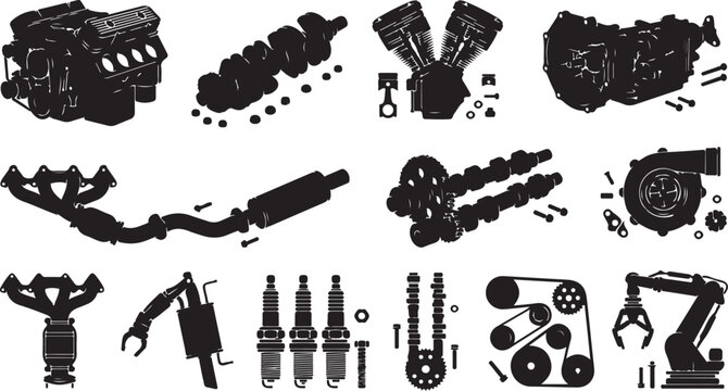 Set of black silhouette featuring automotive engine parts, including v8 blocks, crankshafts, motorcycle engines, transmissions, exhaust manifolds, turbochargers, spark plugs, and robotic arms