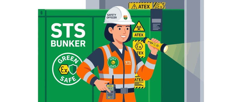Safety Officer Inspecting ATEX Zone Bunker with Flashlight and Radio