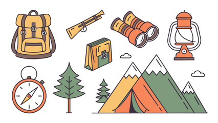 Fototapeta premium Camping and Hiking Equipment Flat Line Art Icons Set with Mountains and Tent