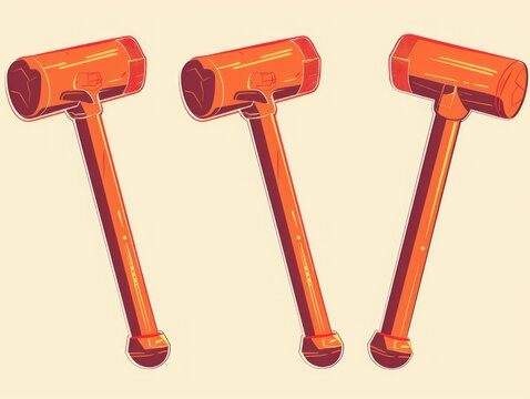 Three wooden mallets with orange handles arranged in a row