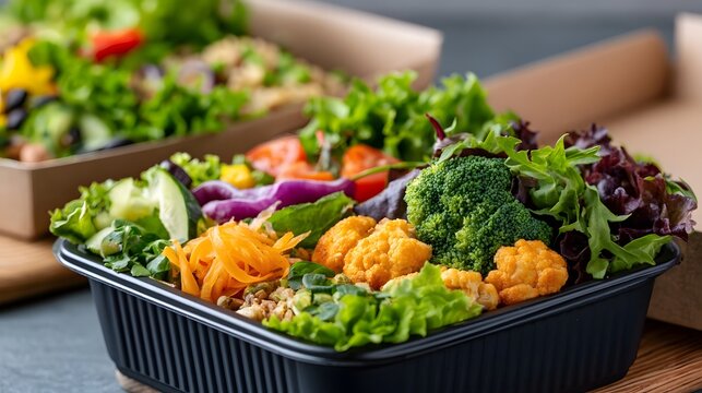 Freshly prepared healthy salad bowls filled with colorful vegetables like broccoli  carrots  and leafy greens in black containers