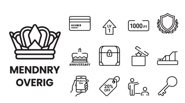 Minimalist loyalty program icons set, black line membership rewards vector elements, gamification level and bonus points graphics for apps