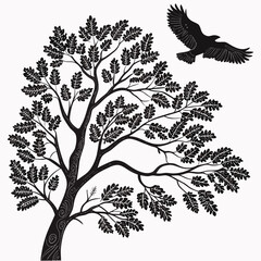 Fototapeta premium Large bird soaring above deciduous tree with lush leaves wildlife silhouette illustration