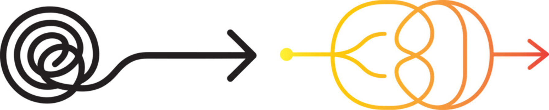 Vector illustration of tangled messy line transforming into organized structured path with arrows for problem solving and process simplification