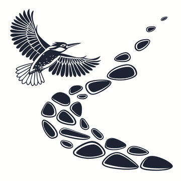 Graphic kingfisher bird in flight with abstract trailing stone path design kingfisher illustration