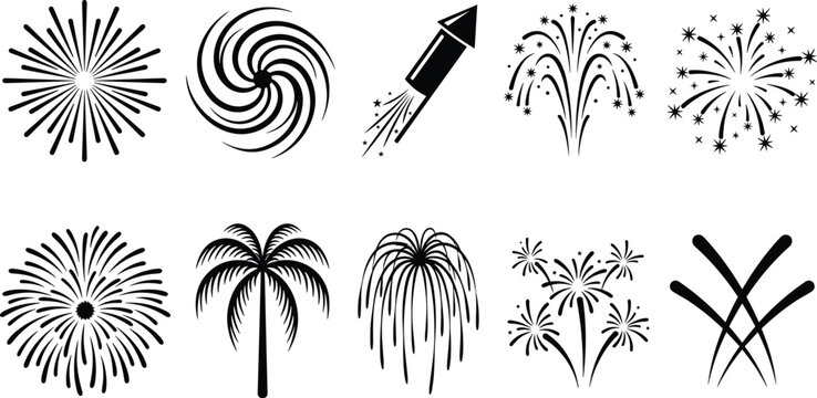 Fireworks Silhouette Vector Set with Explosive Patterns and Celebration Designs