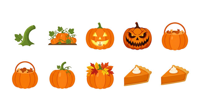 Set of ten festive autumn pumpkin icons featuring carved jack o lanterns sweet candy buckets and delicious slices of creamy spiced pumpkin pie treats
