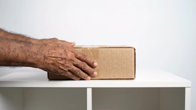 A man's hand places a cardboard box on a white table in a bright studio; a minimalist scene depicting delivery, packaging, storage, or the handover of a parcel for an online store, a move, or office l