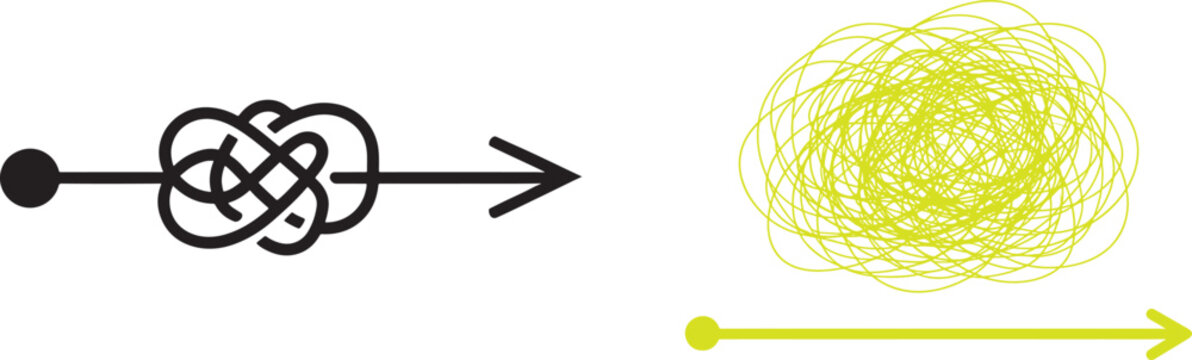 Vector illustration of a black tangled knot arrow and a straight yellow line with scribble for process simplification and problem solving