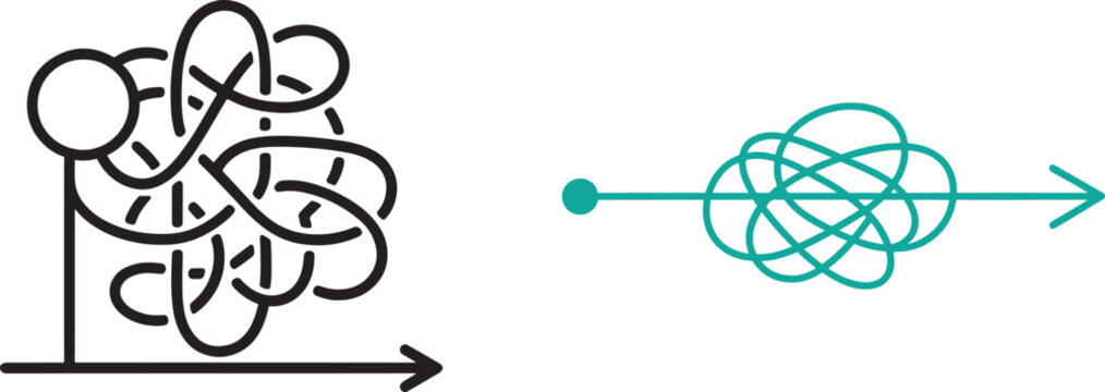 Problem solving vector icons with tangled messy lines and straight arrows for simplification and process optimization