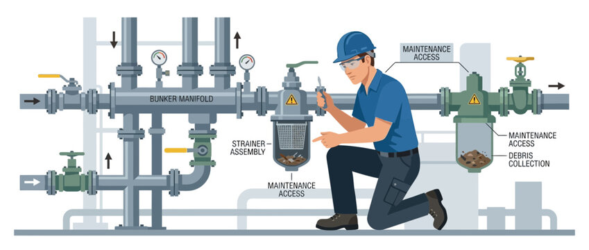 Technician Inspecting Industrial Steam Strainer Assembly in Pipe System