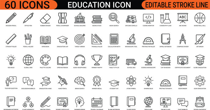 Education school university line art icons set, graduation cap book, pencil ruler calculator, certificate award trophy, classroom backpack science, web icon, app icon, outline icon, vector EPS