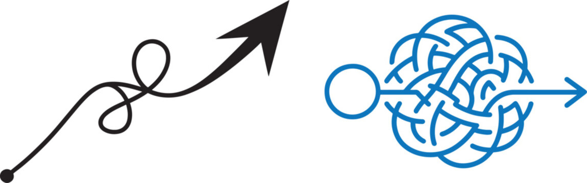 Looping curved arrow and tangled path with straight arrow vector icons for problem solving and process simplification