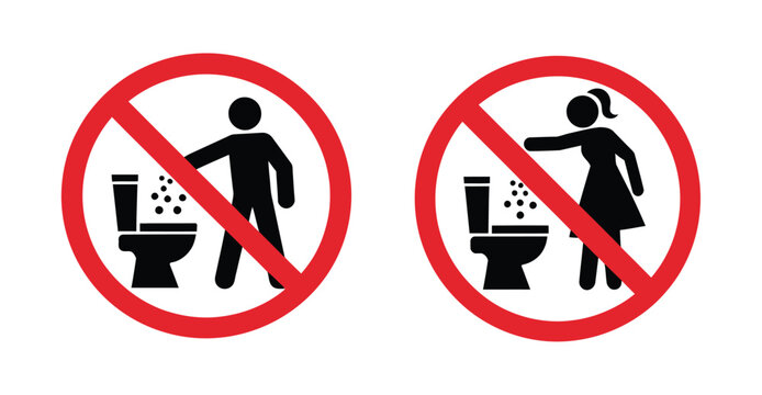 Toilet prohibition sign, do not throw trash icon, no littering in bathroom symbol, waste disposal warning, hygiene safety vector illustration, isolated on transparent background.