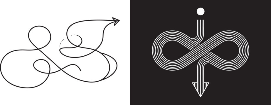 Chaos to order vector illustration with messy tangled line arrow and structured infinity loop arrow for problem solving and simplification