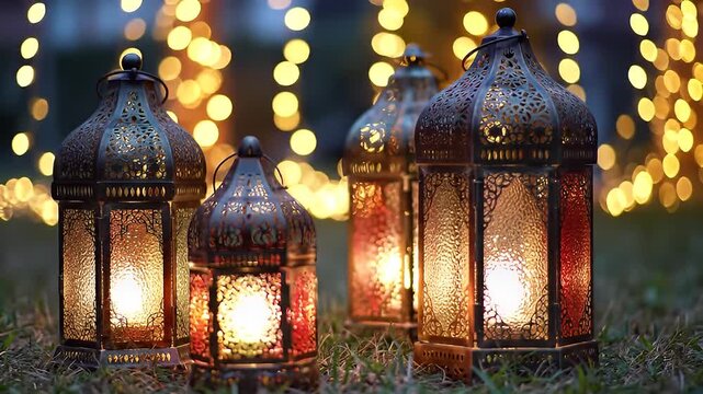 A Row of Ornate Lanterns Glowing Warmly in the Night with Golden Bokeh