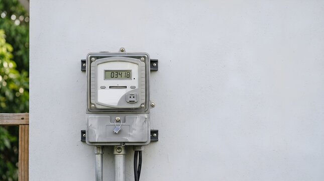 An electrical meter is mounted on a wall with wires connected to it outdoors.
