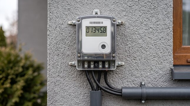 Electric vehicle charging station installed on gray wall outside house with digital meter
