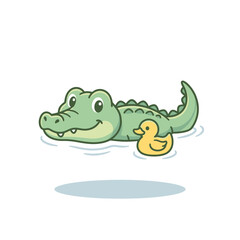 Fototapeta premium Happy green crocodile swimming with a small rubber ducky.