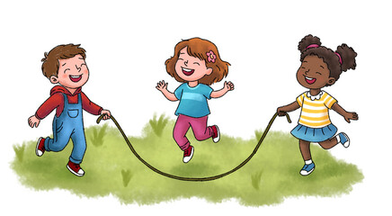 Diverse children playing jump rope on grass field illustration. Happy multicultural kids skipping rope cartoon isolated on white background