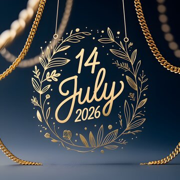 Golden Handwritten Script 14 July 2026 Ornate Wreath Celebration Decoration Hanging Close Up