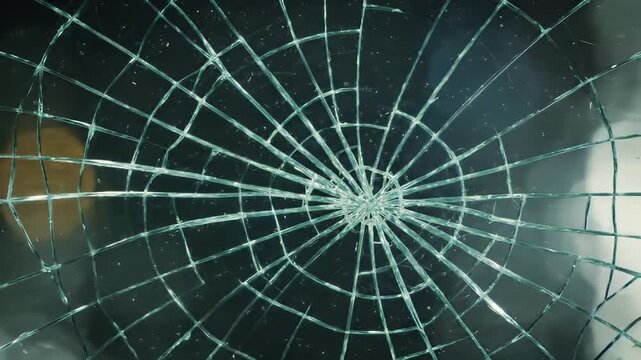 A Radially Cracked Glass Window Displaying a Spiderweb Pattern and Central Glow