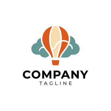Hot air balloon logo design with clouds.