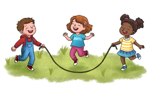 Diverse children playing jump rope on grass field illustration. Happy multicultural kids skipping rope cartoon isolated on white background